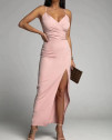 Ženska elegantna obleka z razporkom X6453 roza