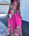 Ženska dolga obleka s cvetličnim vzorcem FG1425 roza