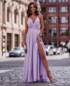 Ženska dolga obleka z razorkom K8668 svetlo vijolična