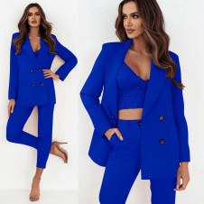 Ženski 3-delni komplet top, suknjič in hlače A0823 modra