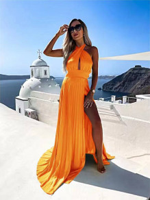Ženska dolga satenasta obleka X6545 oranžna