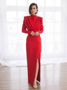 Ženska dolga obleka z razporkom K09500 rdeča