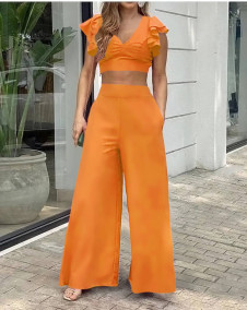 Ženski enobarven komplet top in hlače 6390 oranžna