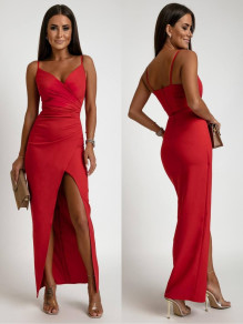 Ženska elegantna obleka z razporkom X6453 rdeča