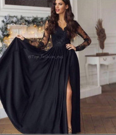 Ženska elegantna obleka s čipkasti rokavi NS252 črna