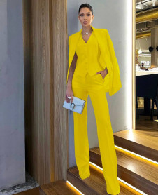 Ženski 3-delni komplet suknjič, telovnik in hlače X6447 rumena
