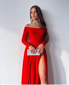 Ženska dolga obleka z razporkom LP5104 rdeča