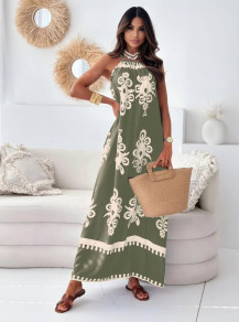 Ženska dolga obleka z motivi A1861 olivna