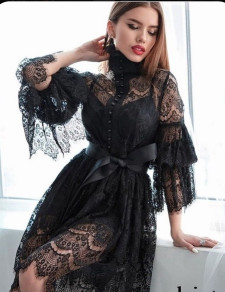 Ženska dolga čipkasta obleka NS697 črna