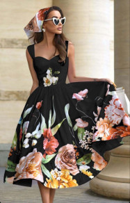 Ženska elegantna obleka pod kolen s cvetlični motivi 16702