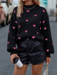 Ženski pulover s srčki K18152 črno/roza